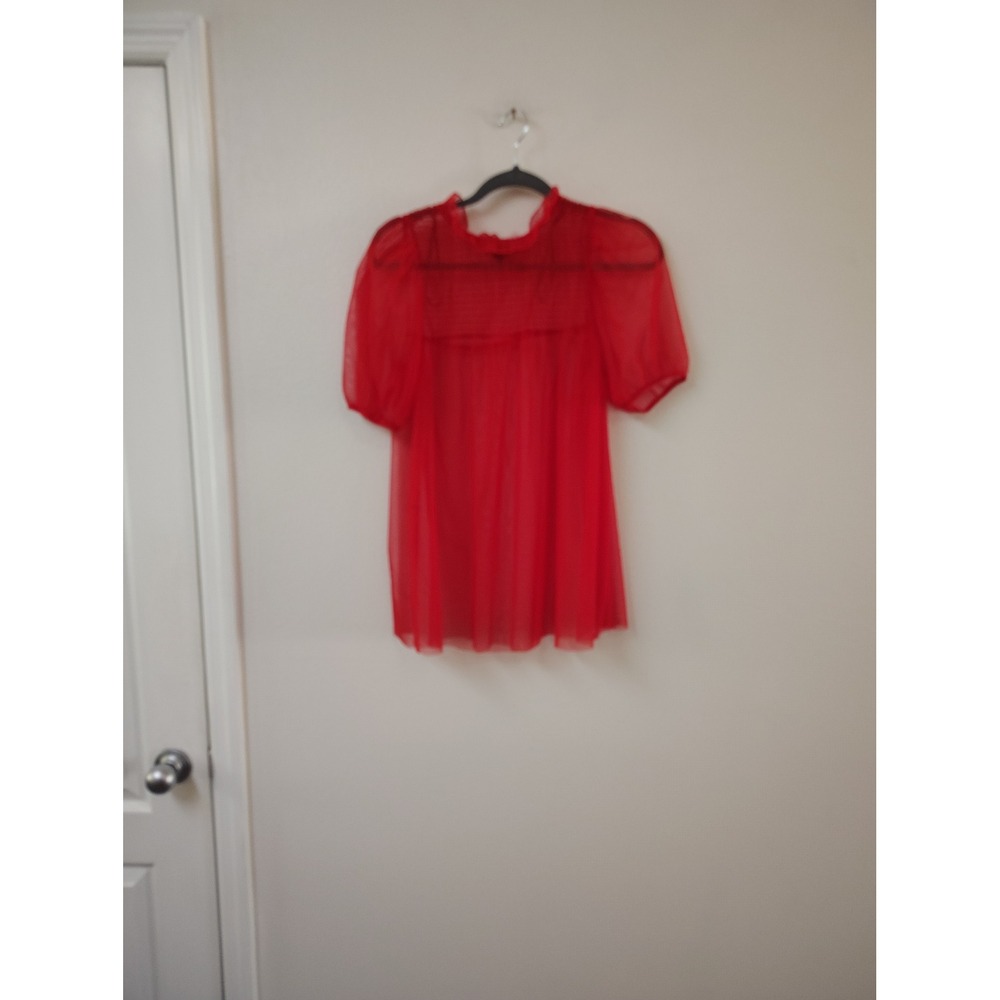H&M Divided Red Sheer Mesh Ruffle Neck Puff Sleeve‎ Smocked Top Womens Medium